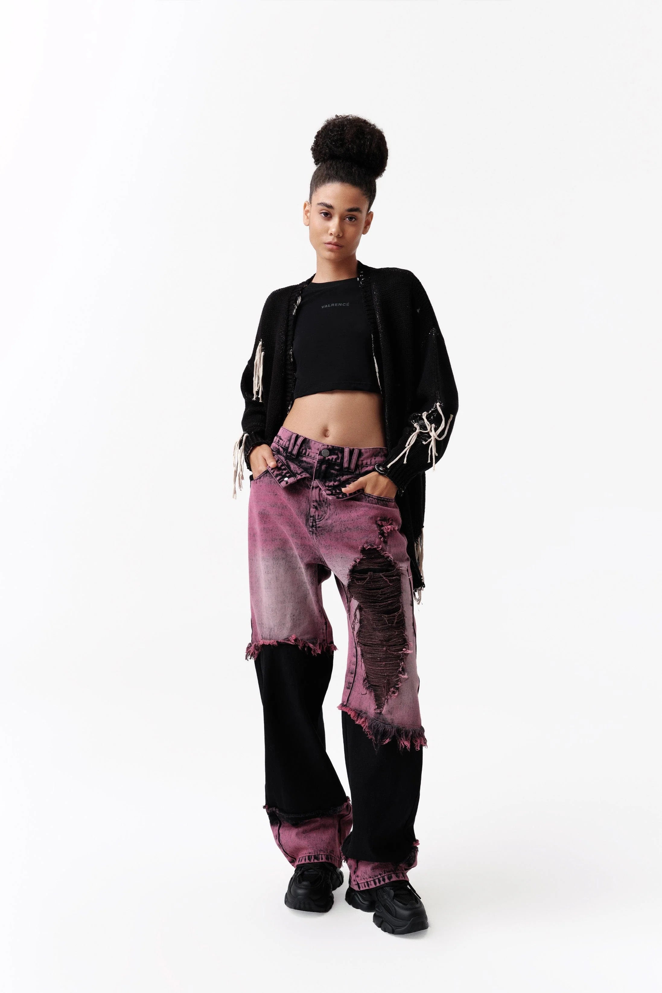 VANN VALRENCE Distressed Panelled Frayed Straight-Leg Jeans