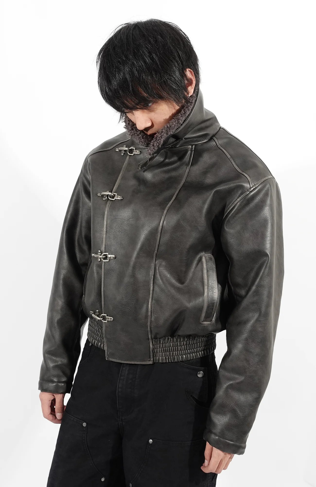 IN EXISTENCE Asymmetric Placket Washed Moto Jacket