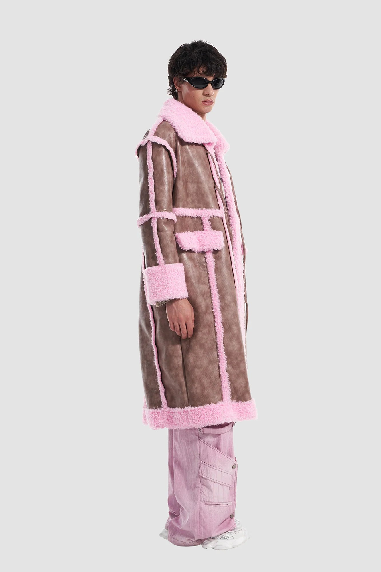 VANN VALRENCE Shearling-Trim Panel PU Long Coat