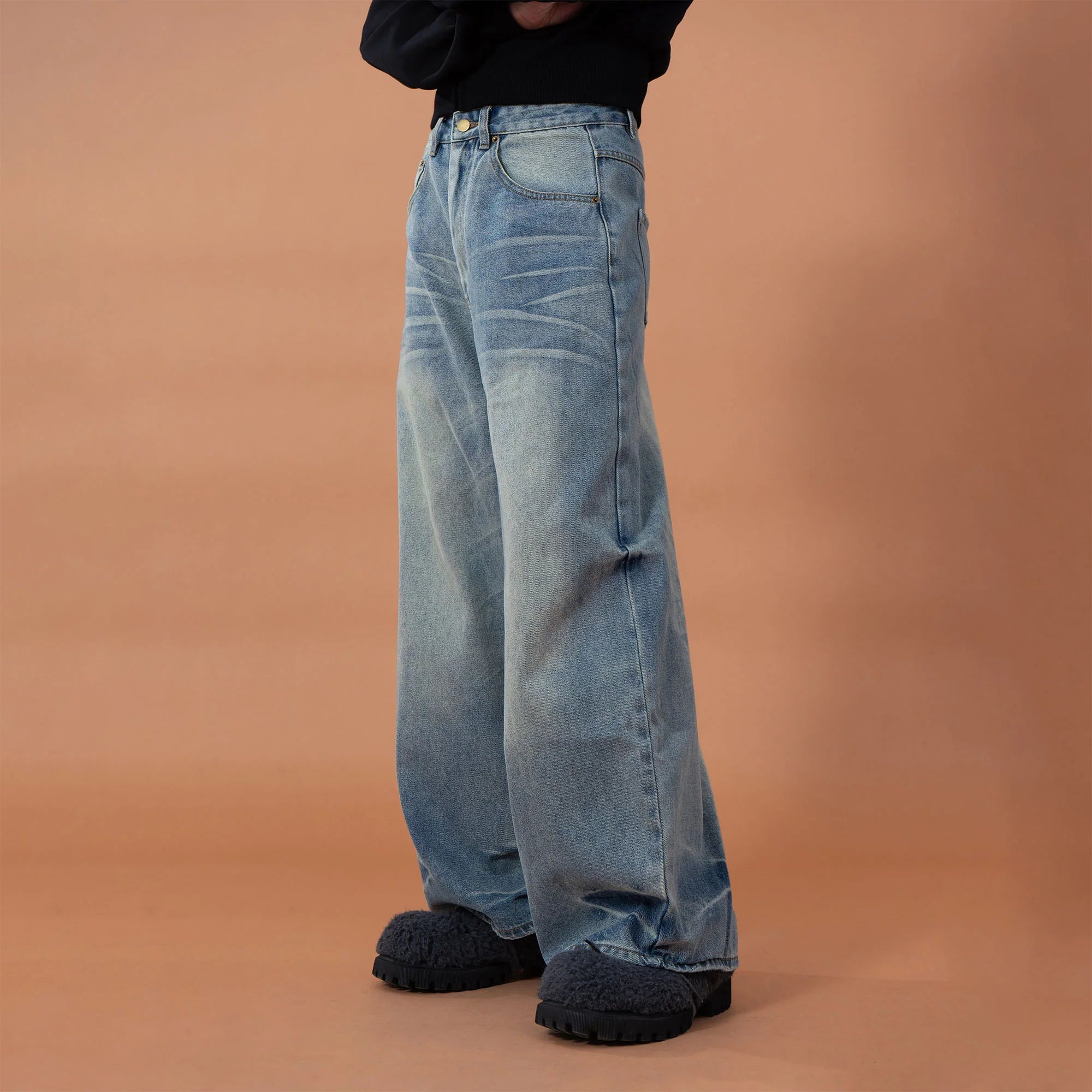 CLP Whiskering Washed Oversized Curved-Leg Jeans