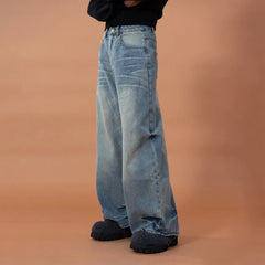 CLP Whiskering Washed Oversized Curved-Leg Jeans