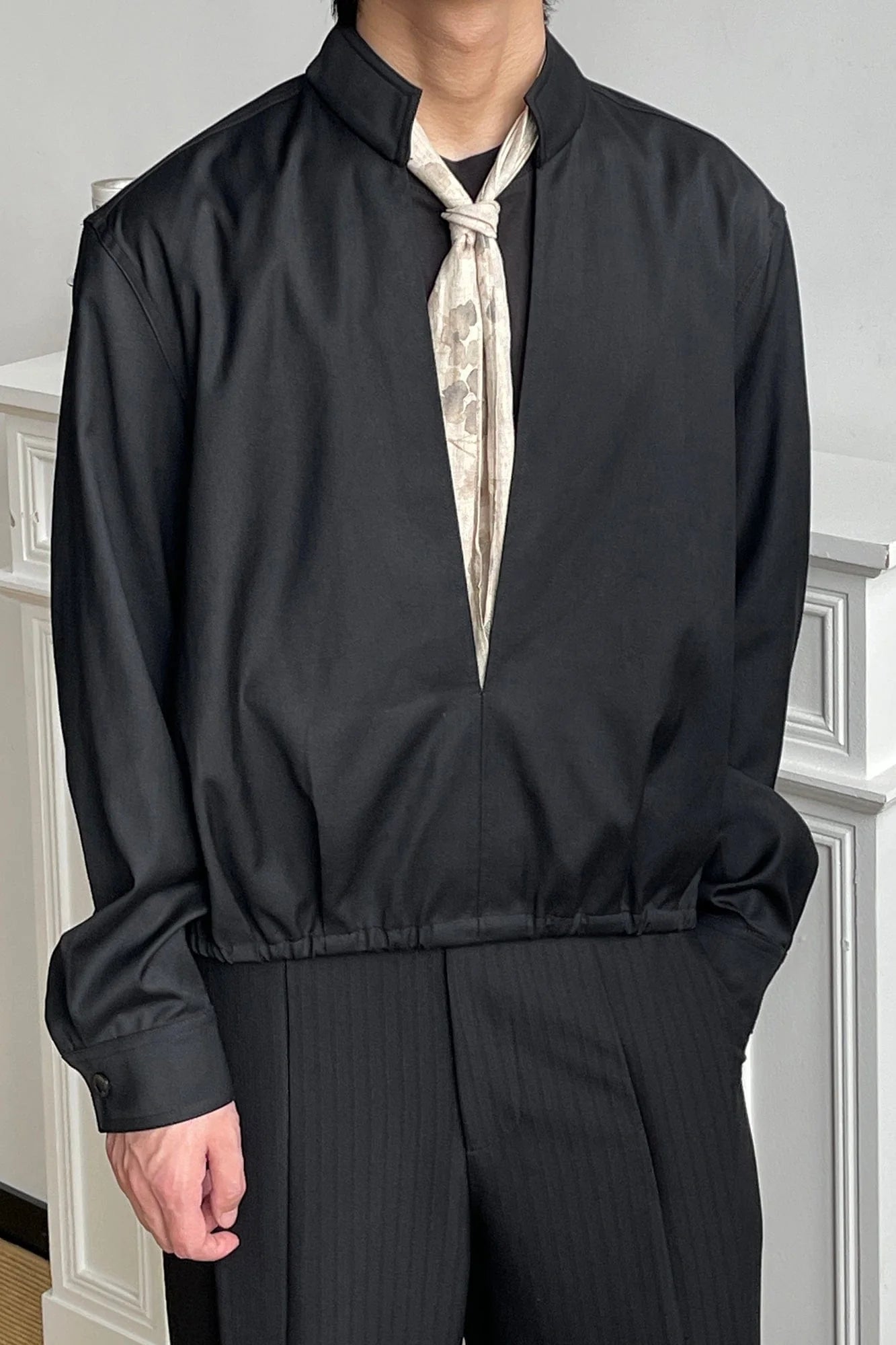 OKAYTHXBYE Multi-Wear Floral Scarf Mandarin Collar Shirt