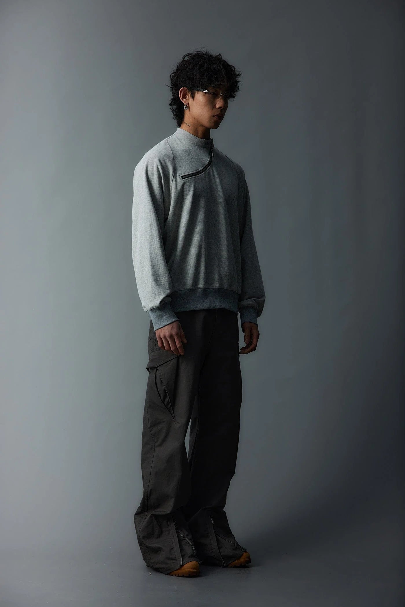 WHISTLEHUNTER Asymmetrical Zipper Rivet Mock Neck Light Sweatshirt