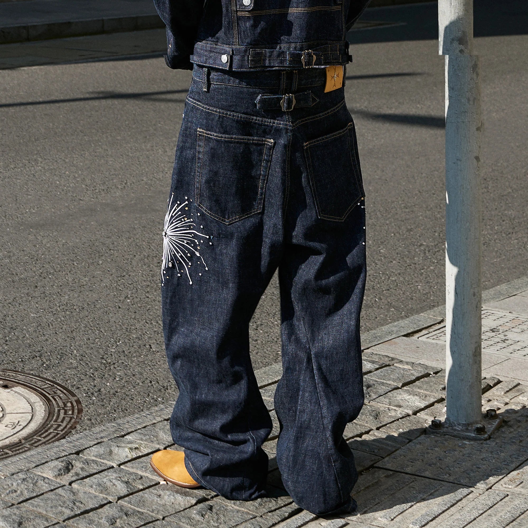 STEEPC Firework Embroidered Rhinestone Curved Raw Jeans