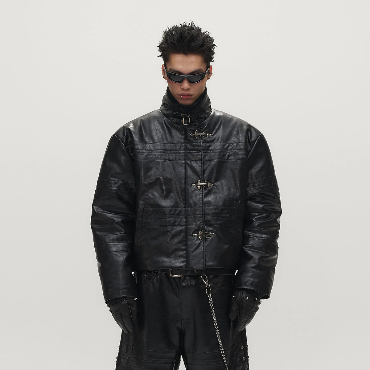 SAVAGEGROWTHWORLD Hook Buckle Faux Leather Puffer Jacket