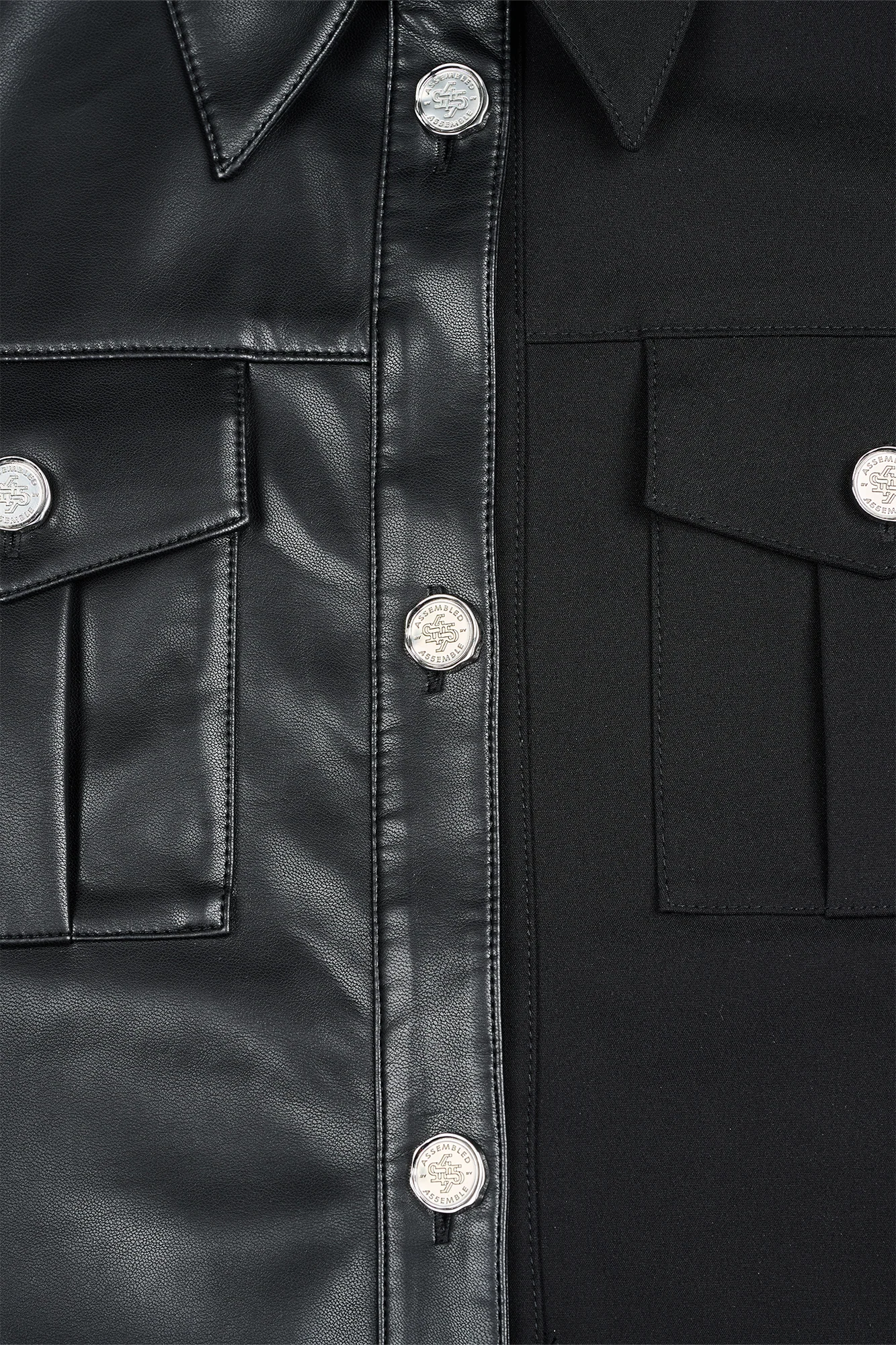 455EMBLE Faux Leather Panelled Epaulette Slim Shirt