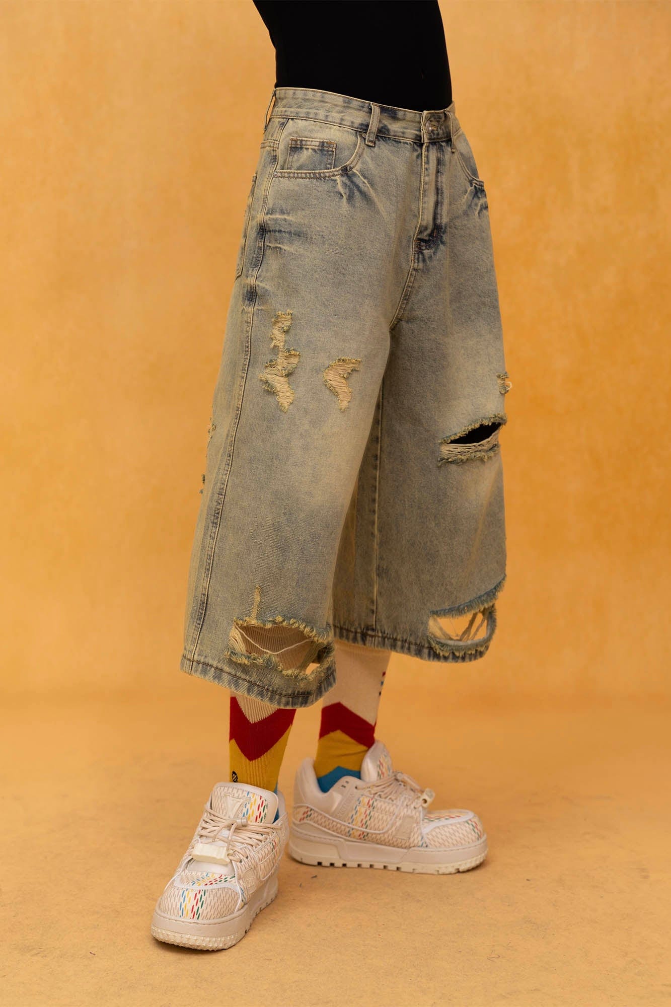 CLP Washed Ripped Knee-Length Denim Shorts