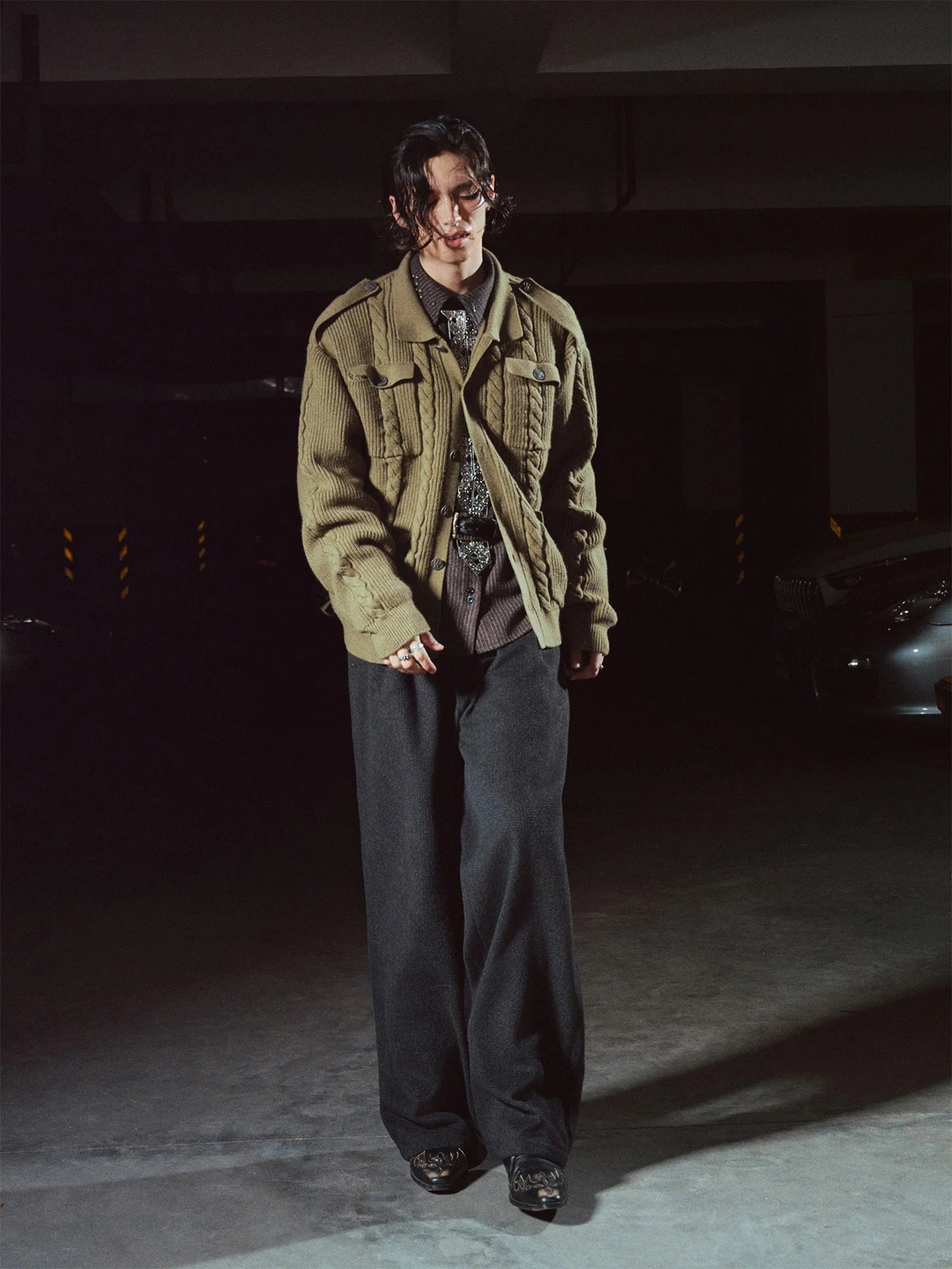 RICHILL Epaulet Multi-Pocket Cable Knit Jacket