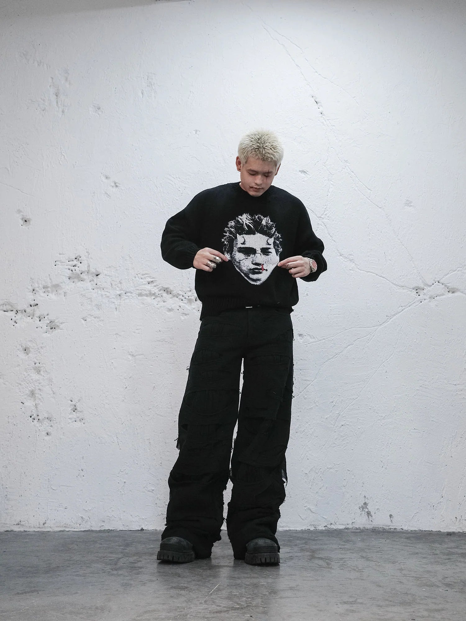 UNDERWATER Demon Portrait Distressed Sweater