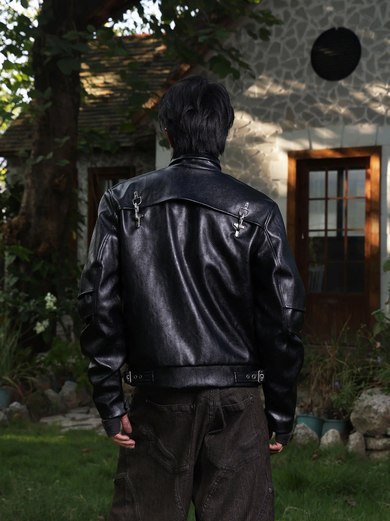 FLYERRER Hook-Buckle Faux Leather Rivet Jacket