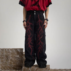 FLYERRER Spliced Raw Edge Doodle Wrinkled Jeans