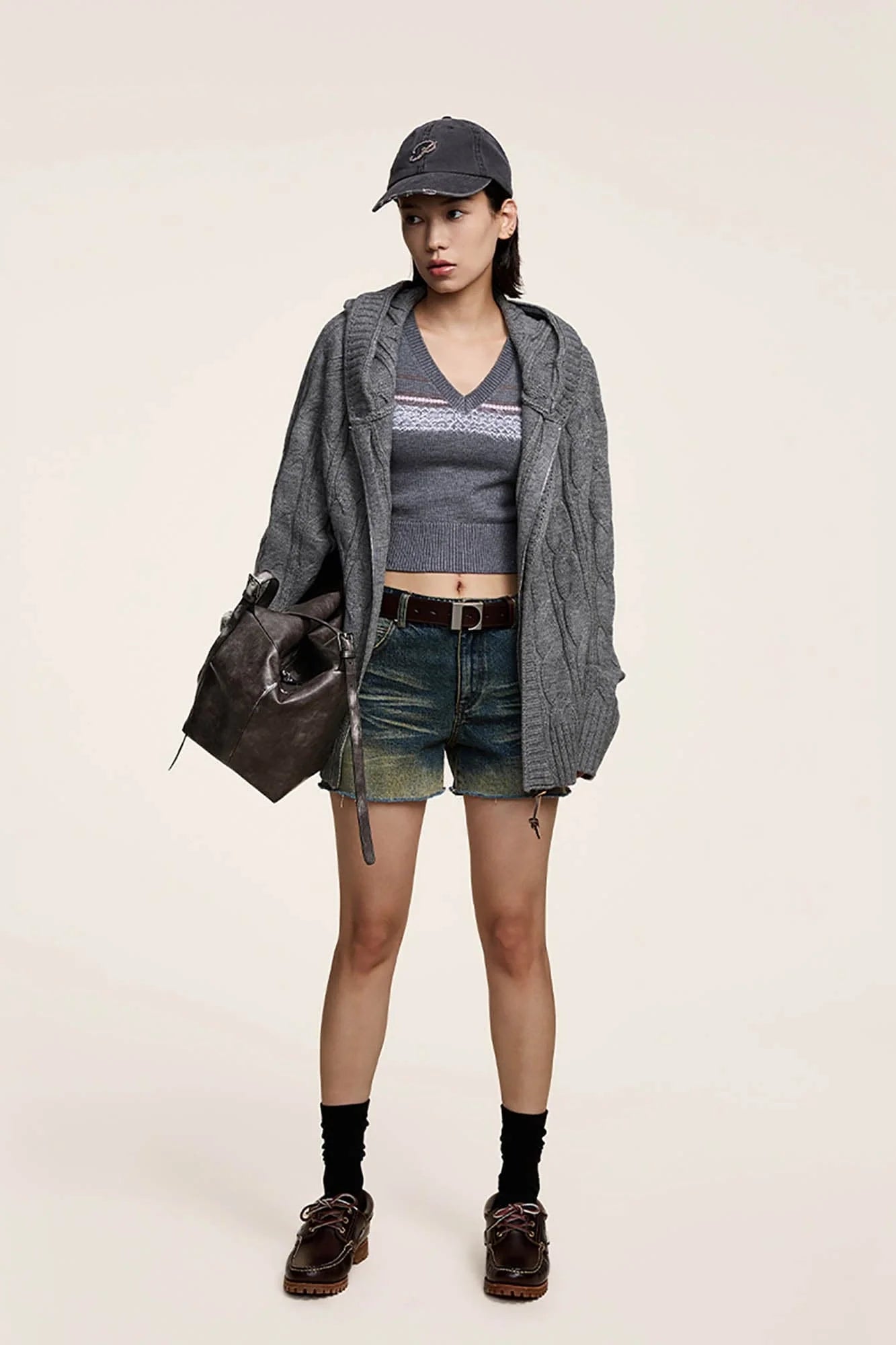 OPICLOTH Cable-Knit Zip-Up Hooded Cardigan