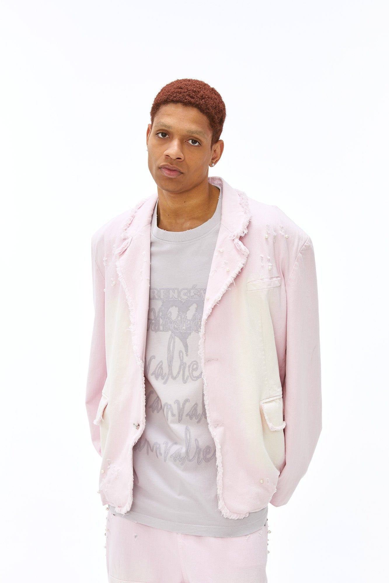VANN VALRENCE Washed Beaded Frayed Denim Jacket