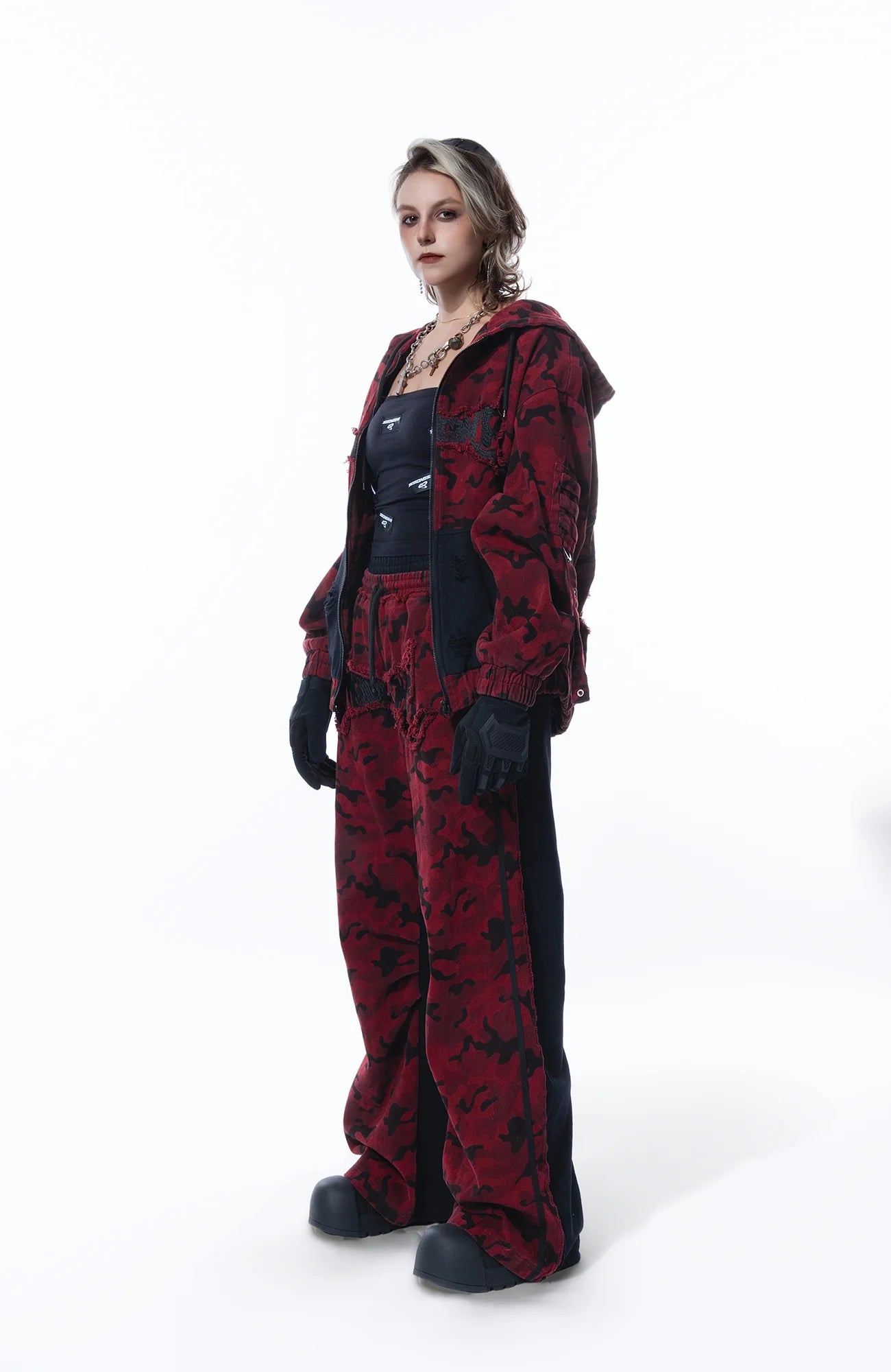 MOGONGSHE Camo Contrast Panel Double-Waist Oversized Sweatpants