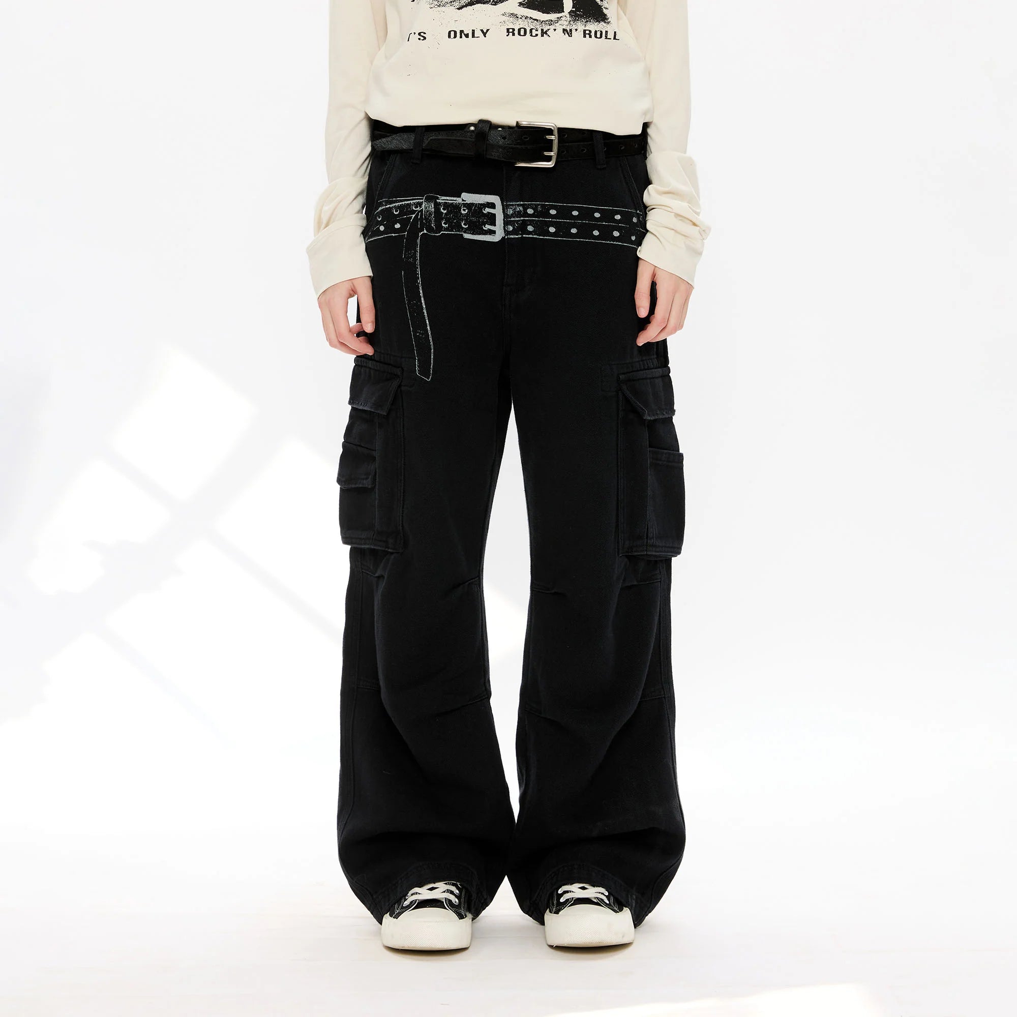KREATE Washed Belt Graphic Crinkled Cargo Pants