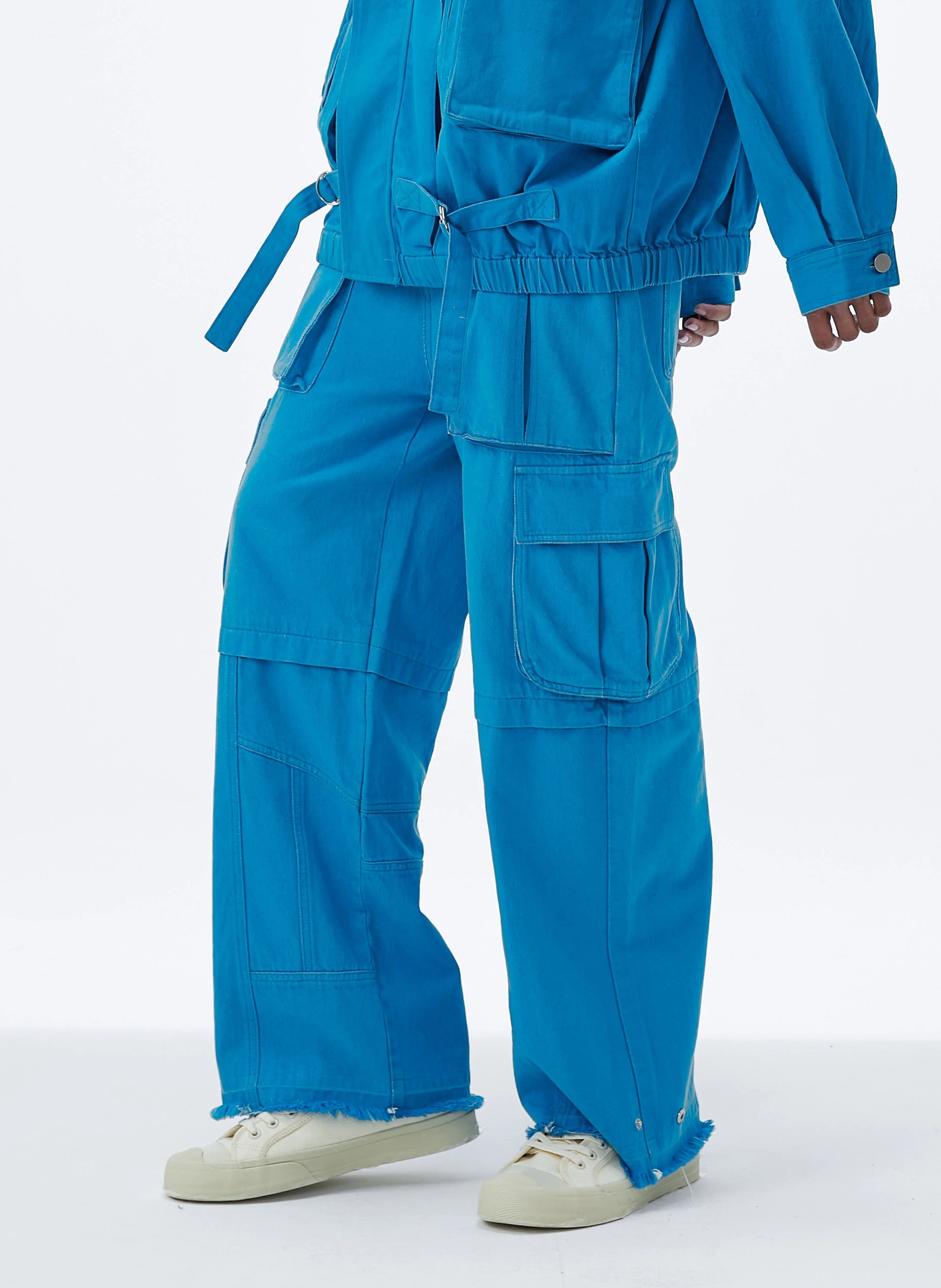 VANN VALRENCE Distressed Utility Frayed-Hem Denim Cargo Pants
