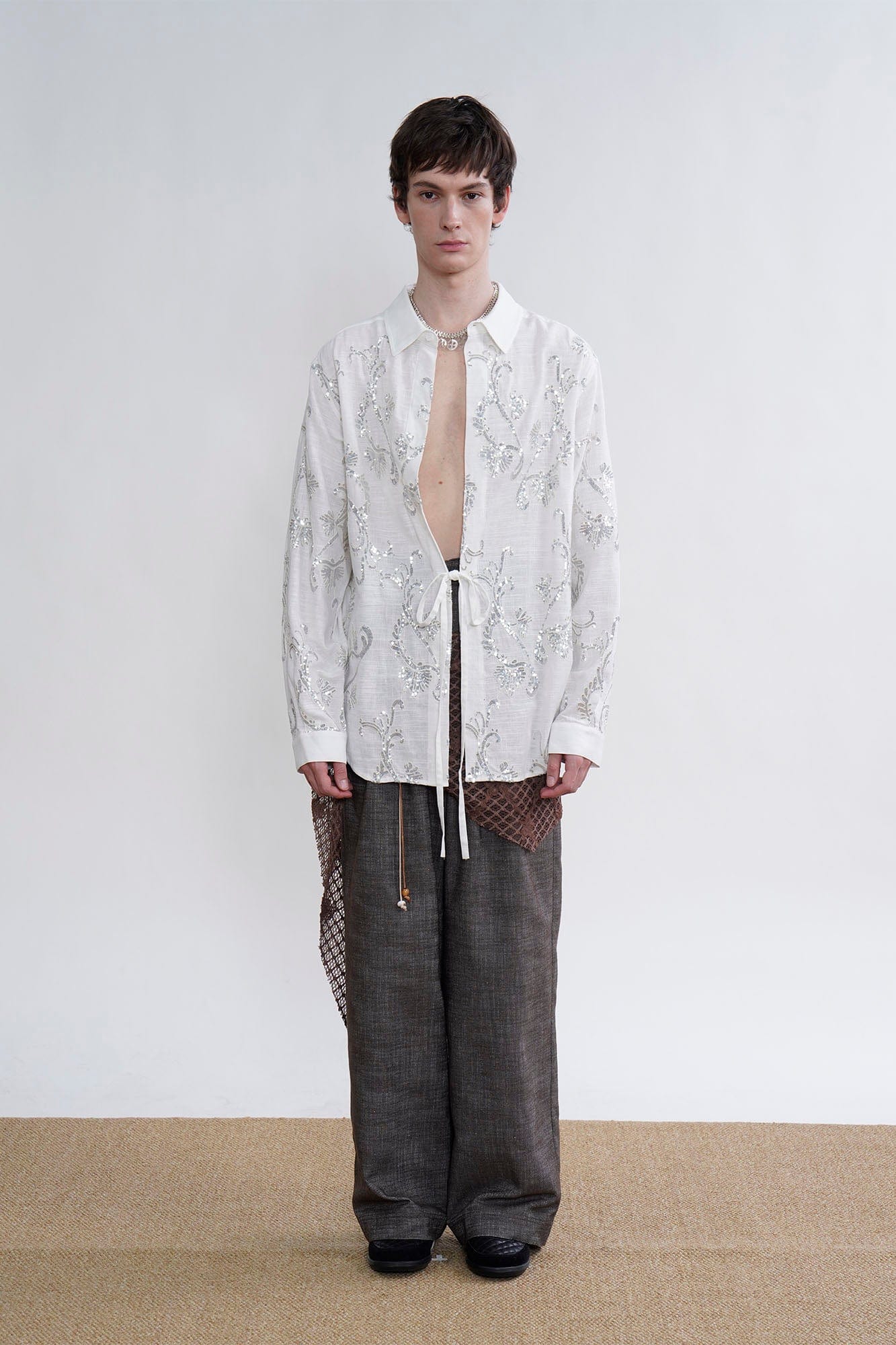 ORAL UTOPIA Ornate Sequin Embroidered Linen-Blended Tie Shirt