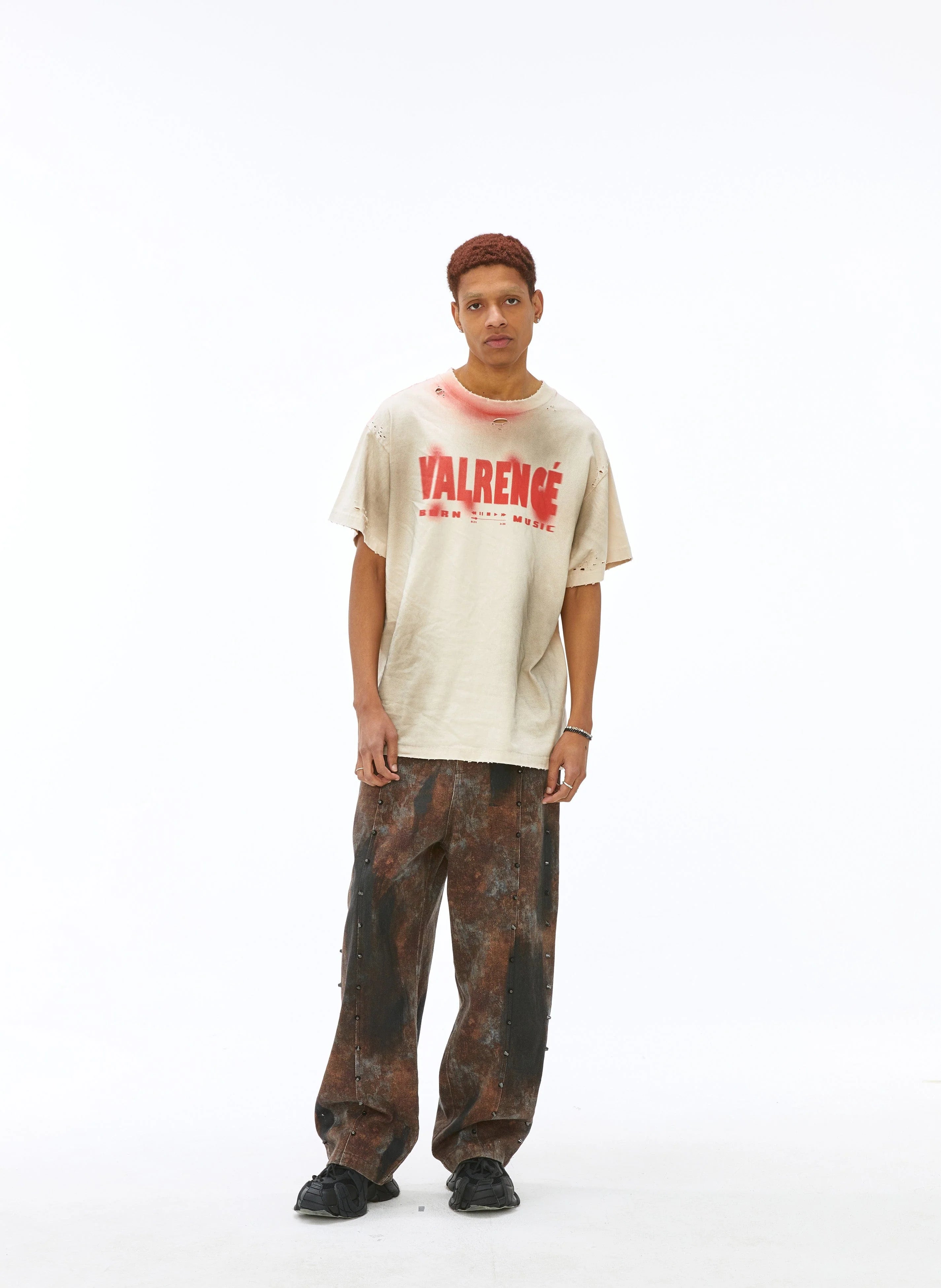 VANN VALRENCE Distressed Washed Spray Faded LOGO T-Shirt