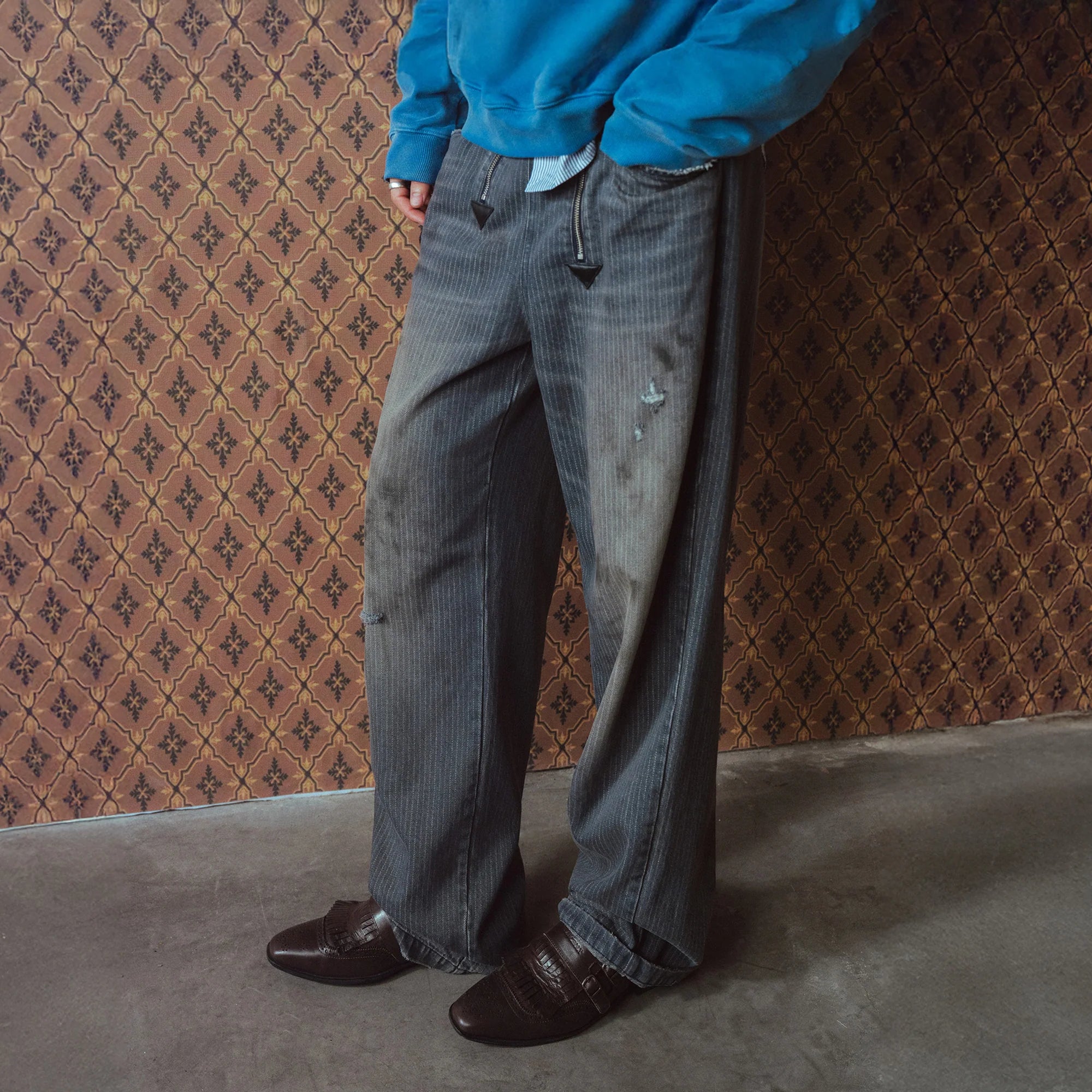 RICHILL Distressed Pinstriped Embroidered Jeans