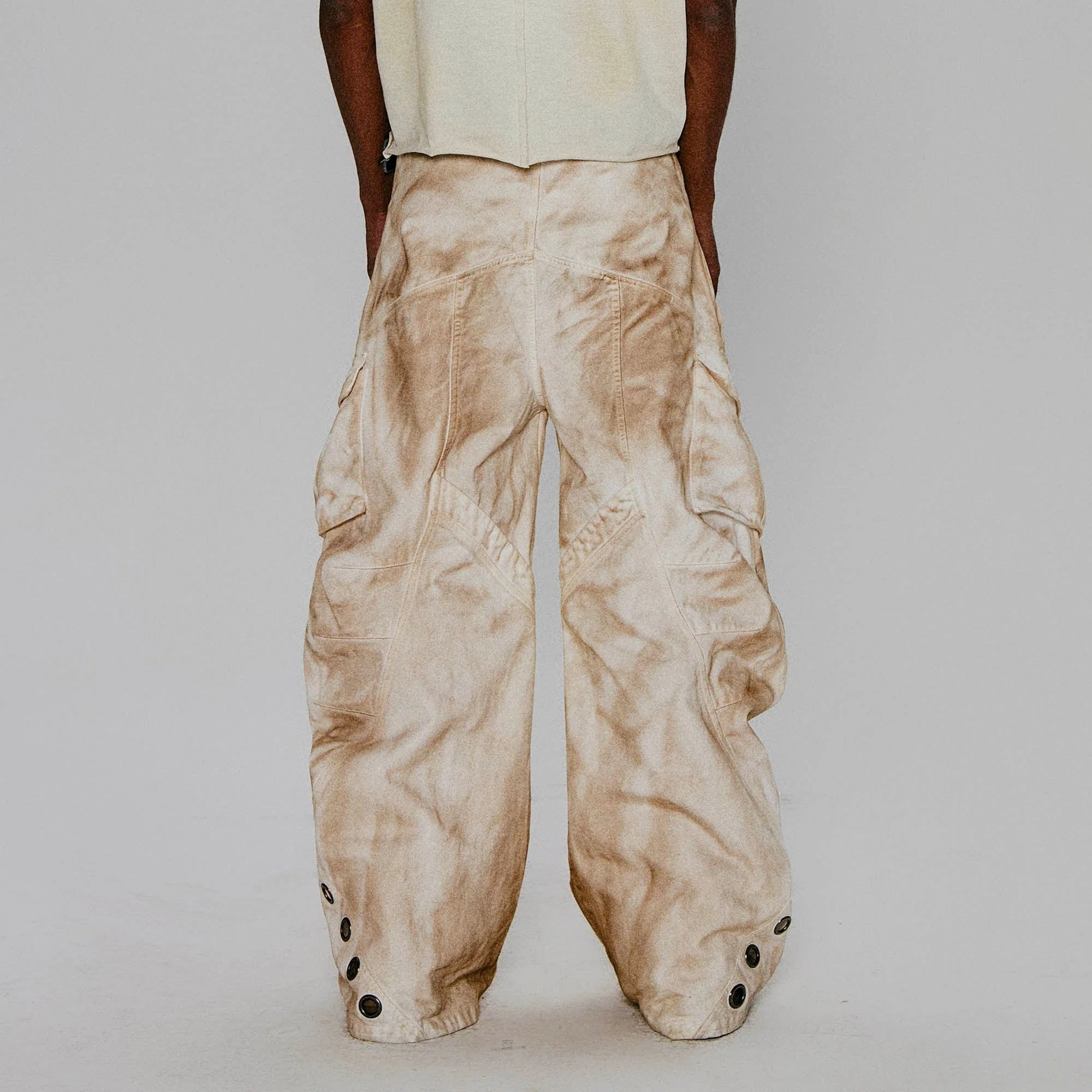 FLYERRER Rusted Double-Waist Multi-Pocket Curved-Leg Cargo