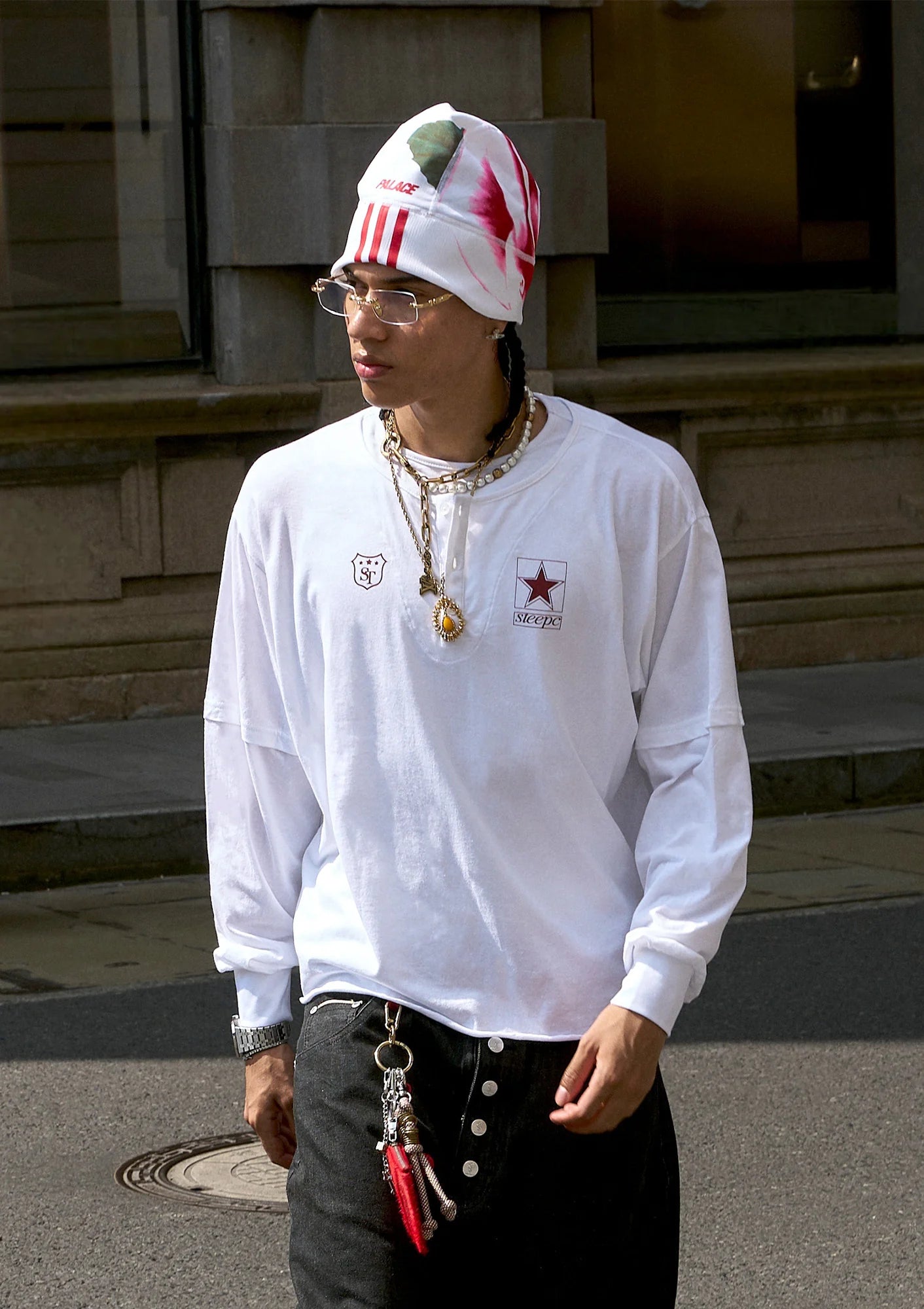 STEEPC Layered Henley Pearl-Star Long-Sleeve Tee