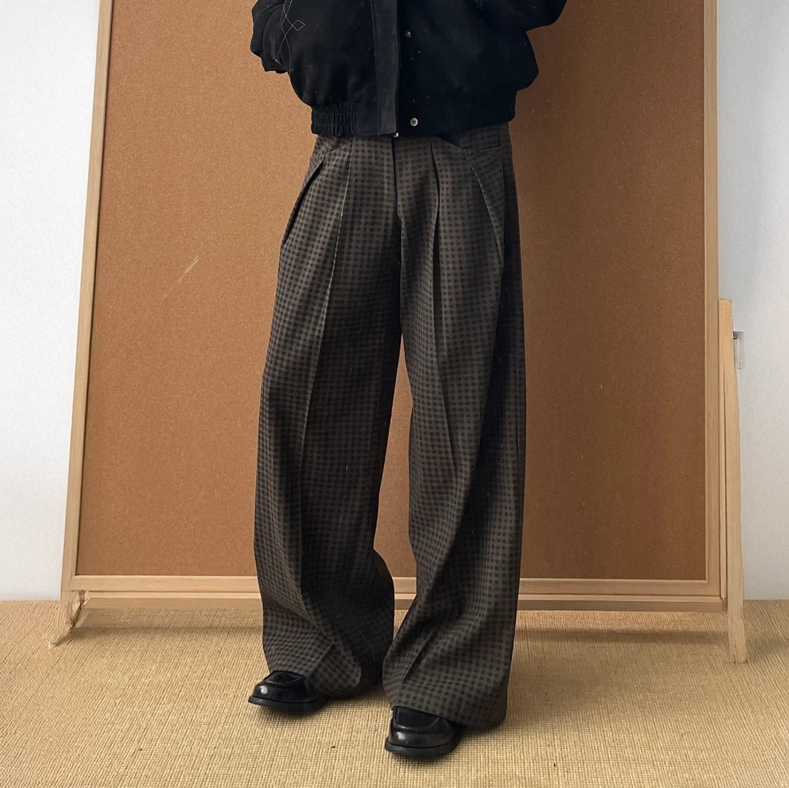 OKAYTHXBYE Retro Checks Double-Pleated Trousers