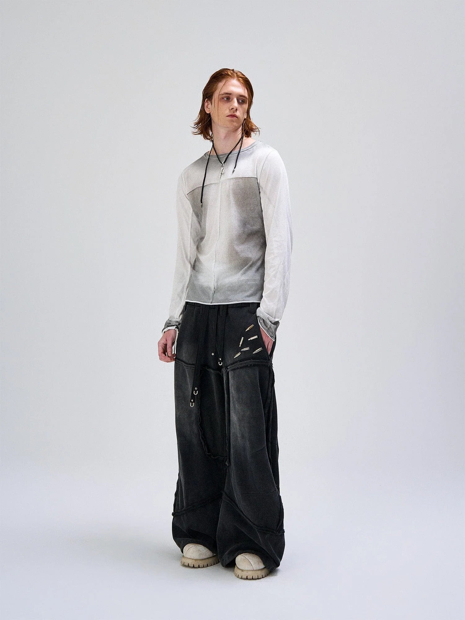 FLYERRER Washed Gradient Cross-Panel Raw-Edge Long-Sleeve Tee