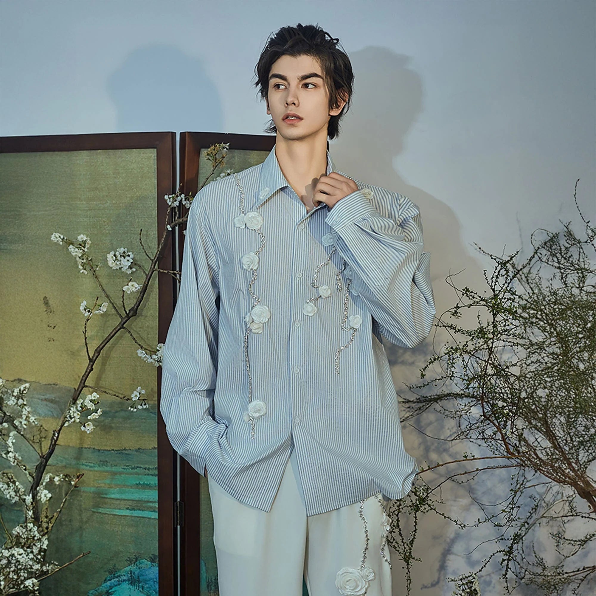 JIECHI Vine Rose Embroidered Striped Shirt