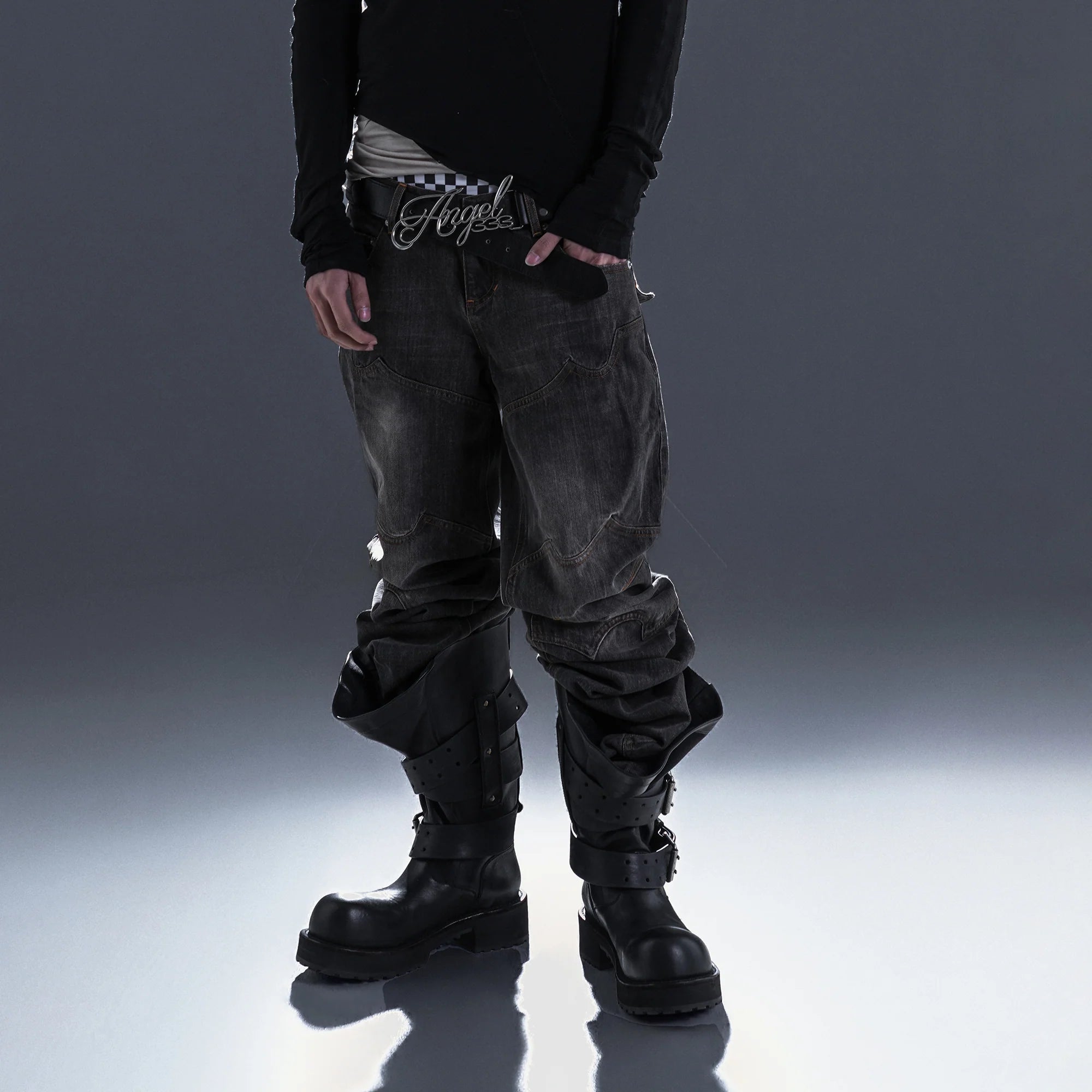 PCCVISION Washed Paneled Straight-Leg Denim