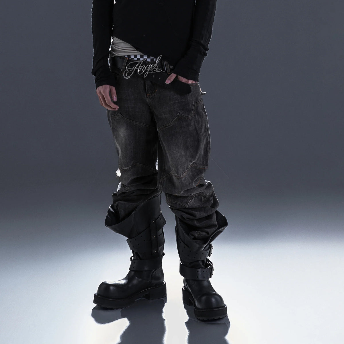 PCCVISION Washed Paneled Straight-Leg Denim