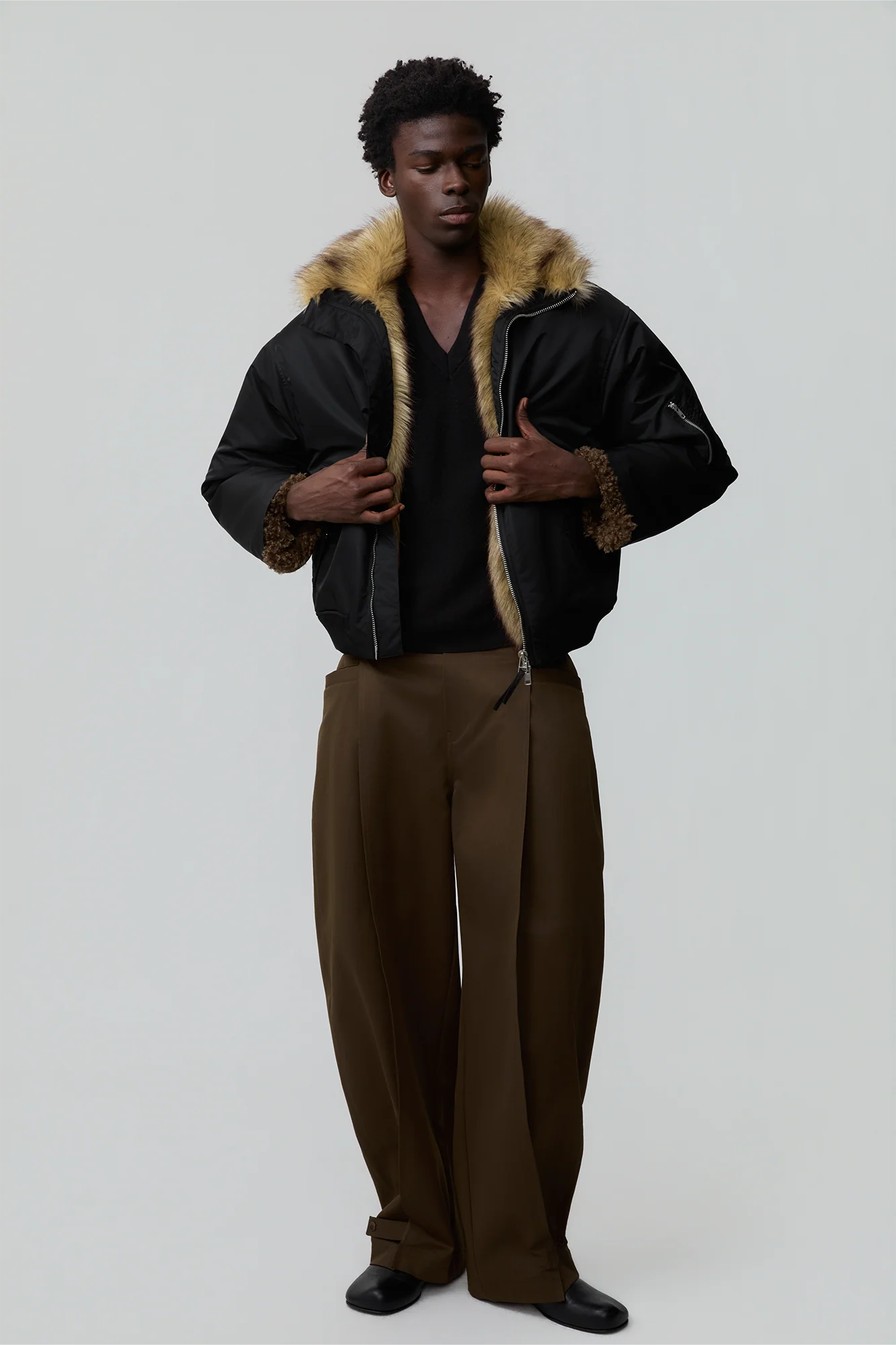 OPICLOTH Faux Fur-Lined Spliced Bomber Jacket