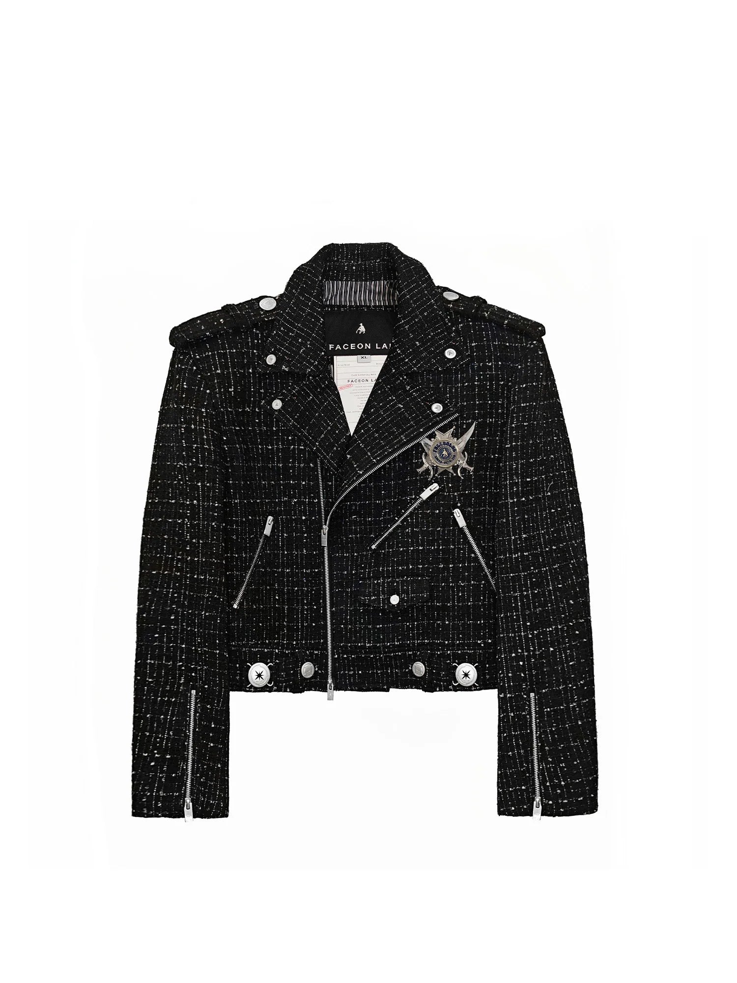FACEONLAB Metal Badge Multi-Zip Tweed Biker Jacket