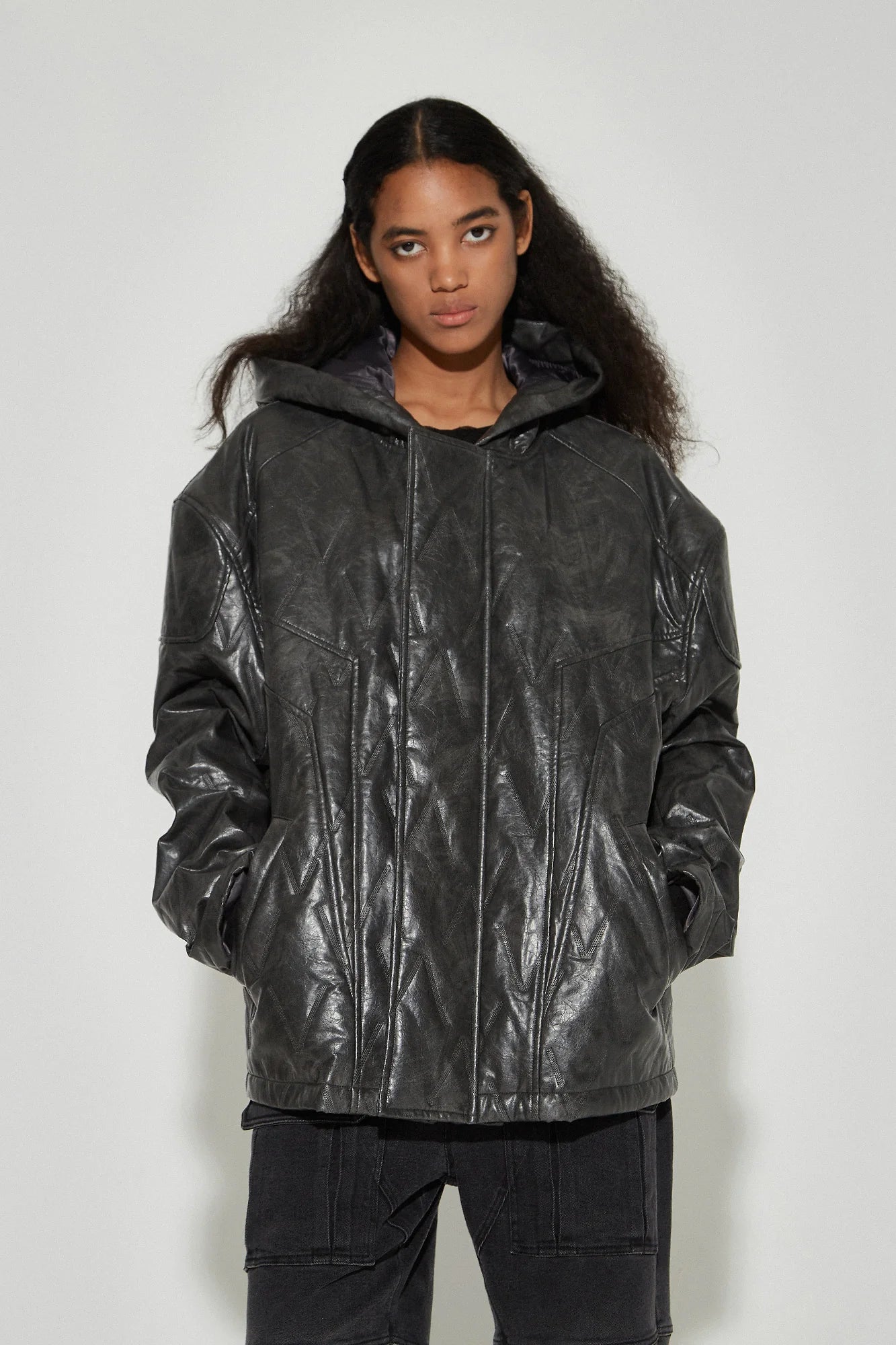 VANN VALRENCE Diamond-Embossed Faux Leather Hooded Puffer