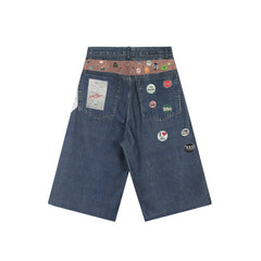 CLP Badge Belt Graphic Cropped Denim Shorts