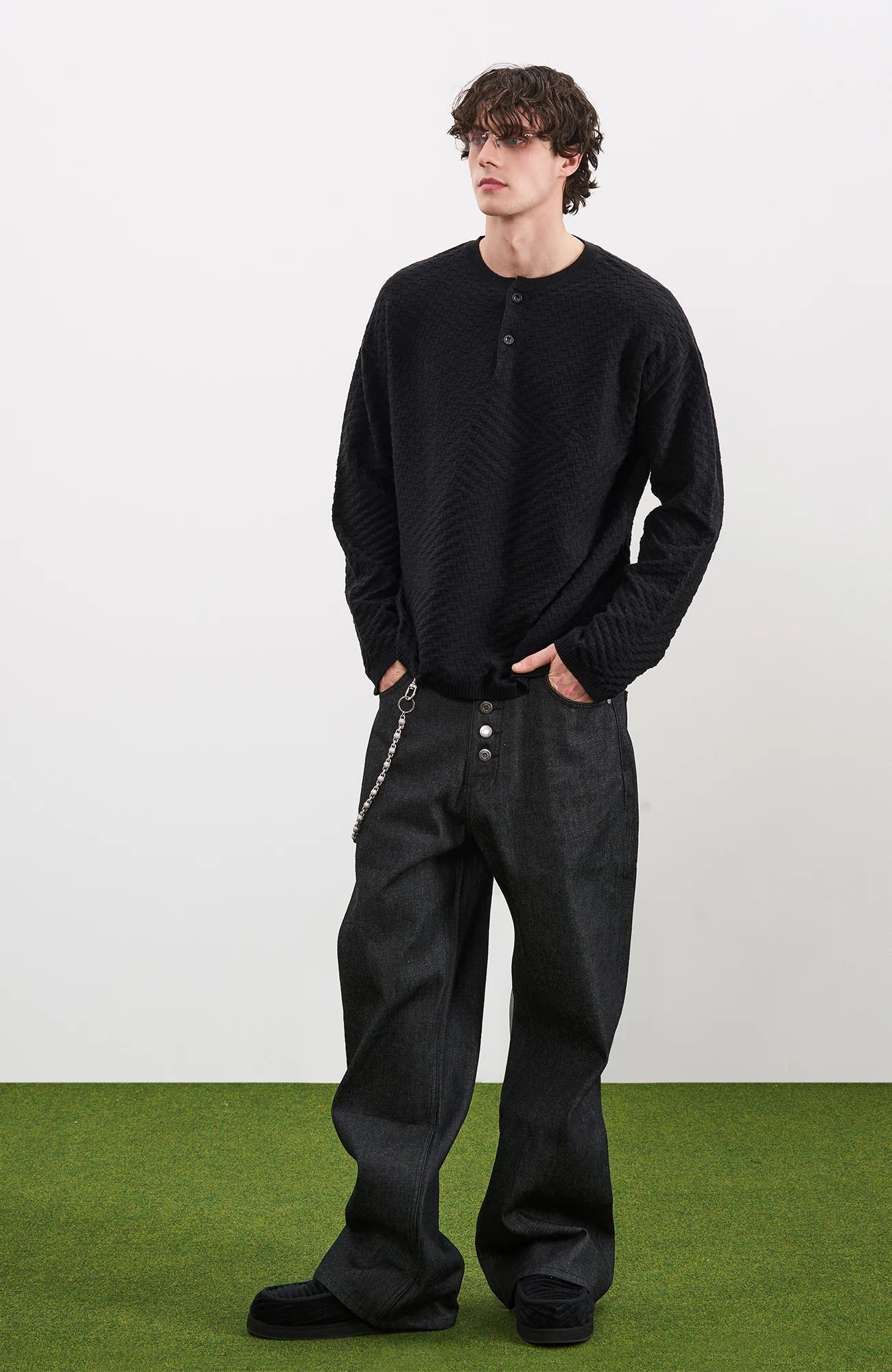 PMW Drop-Shoulder Waffle Henley Sweater