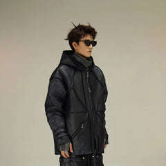 FLYERRER Geometric Paneled Faux Leather Jacket