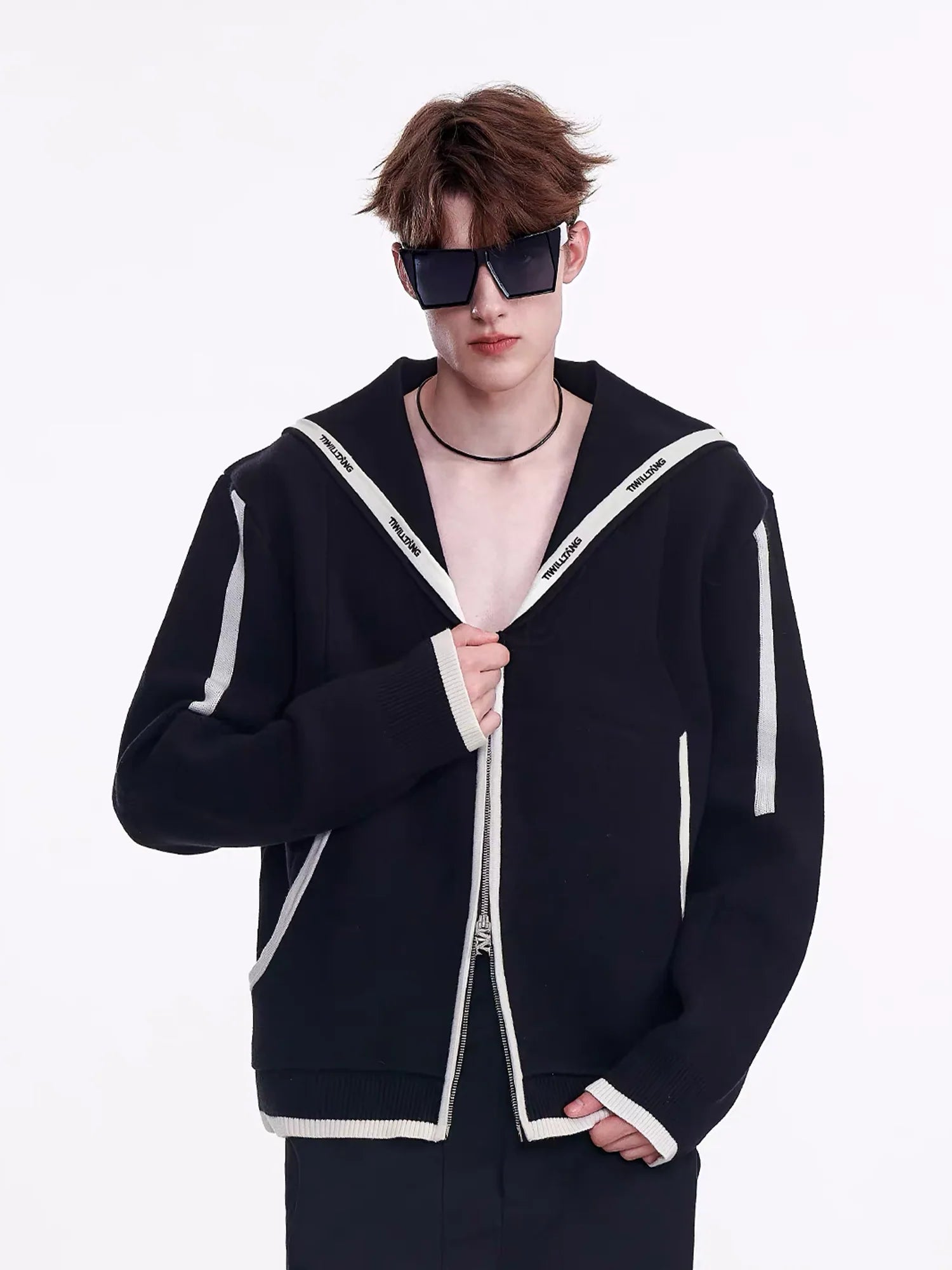 TIWILLTANG Contrast-Trim Sailor-Collar Jacket