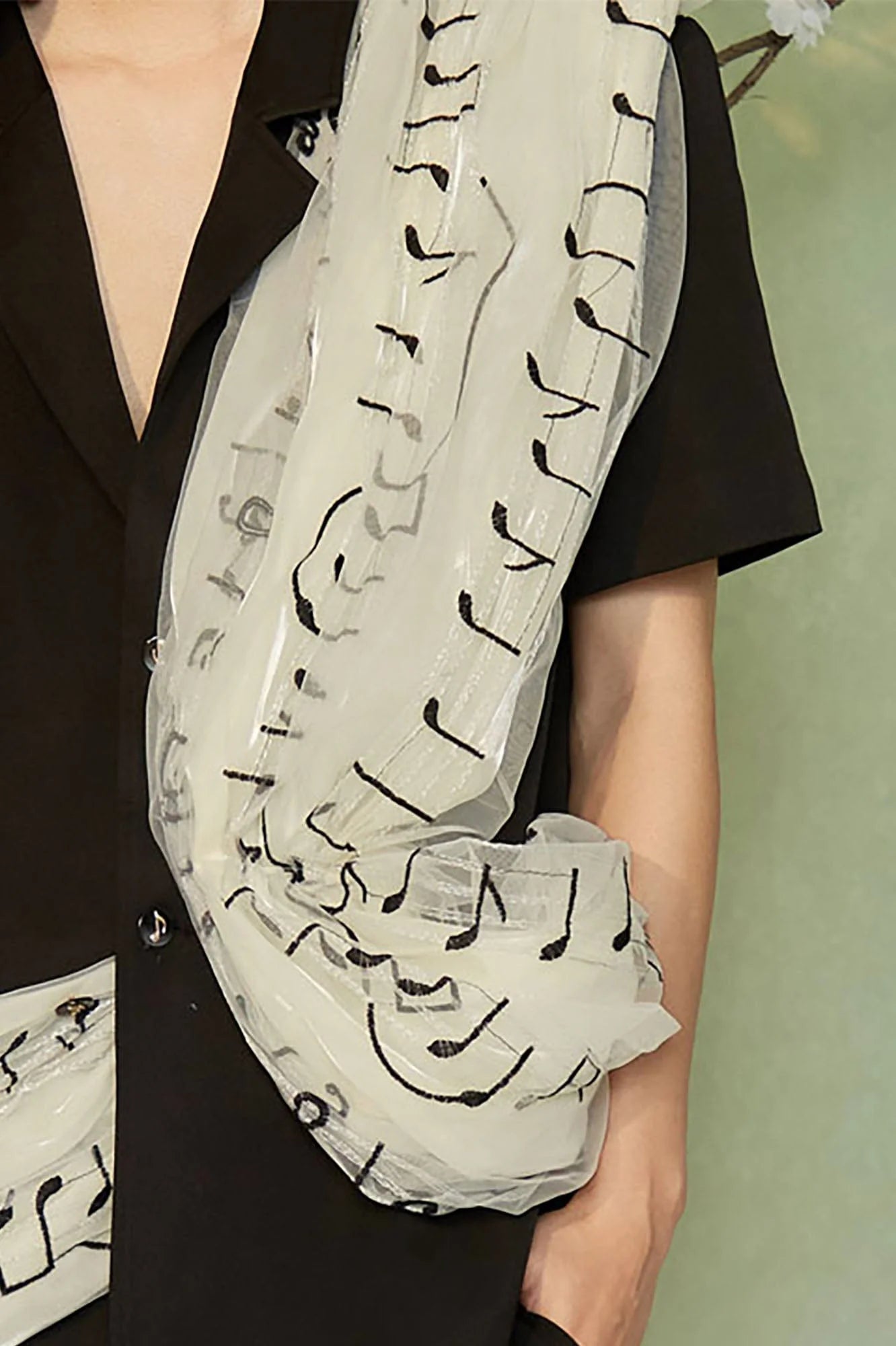 JIECHI Musical Score Layered Tulle Drape Half Shirt