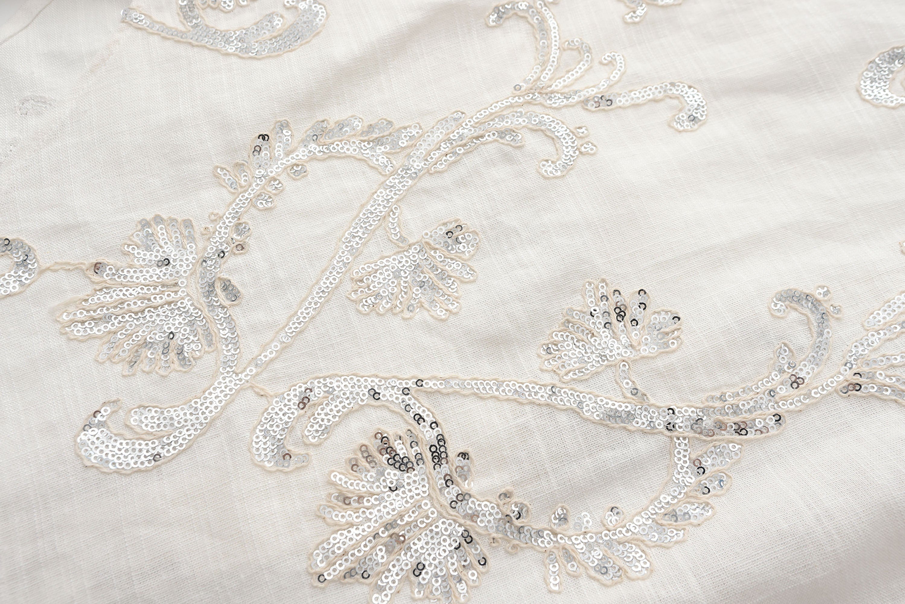 ORAL UTOPIA Ornate Sequin Embroidered Linen-Blended Tie Shirt
