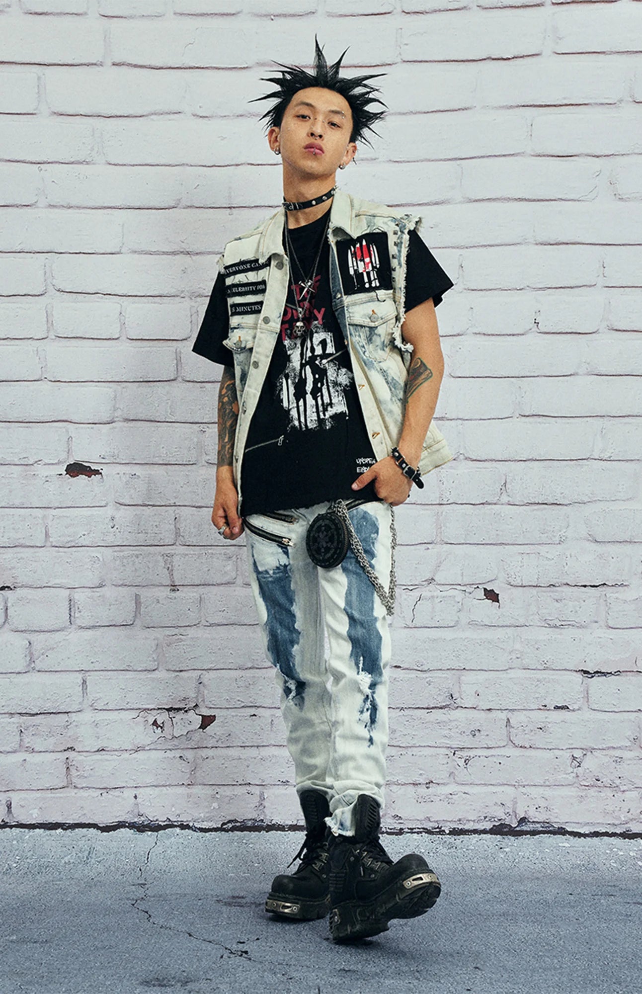 VENTUREK Distressed Washed Studded Patch Denim Vest