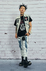 VENTUREK Distressed Washed Studded Patch Denim Vest