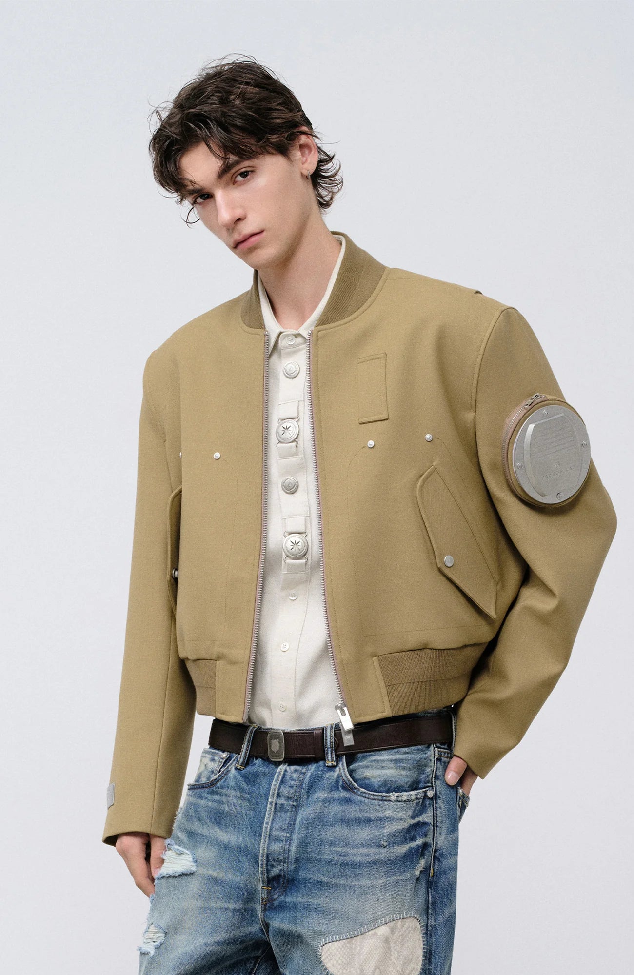 FACEONLAB Arm-Patched Bomber Jacket Khaki