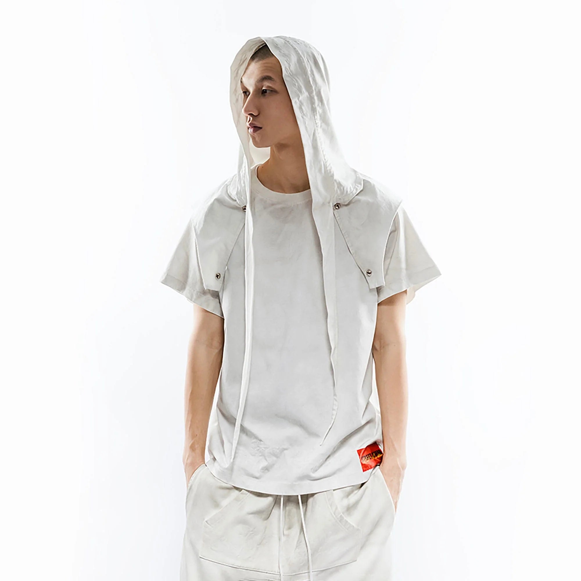 FVVO Distressed Snap-Shoulder Hooded T-Shirt