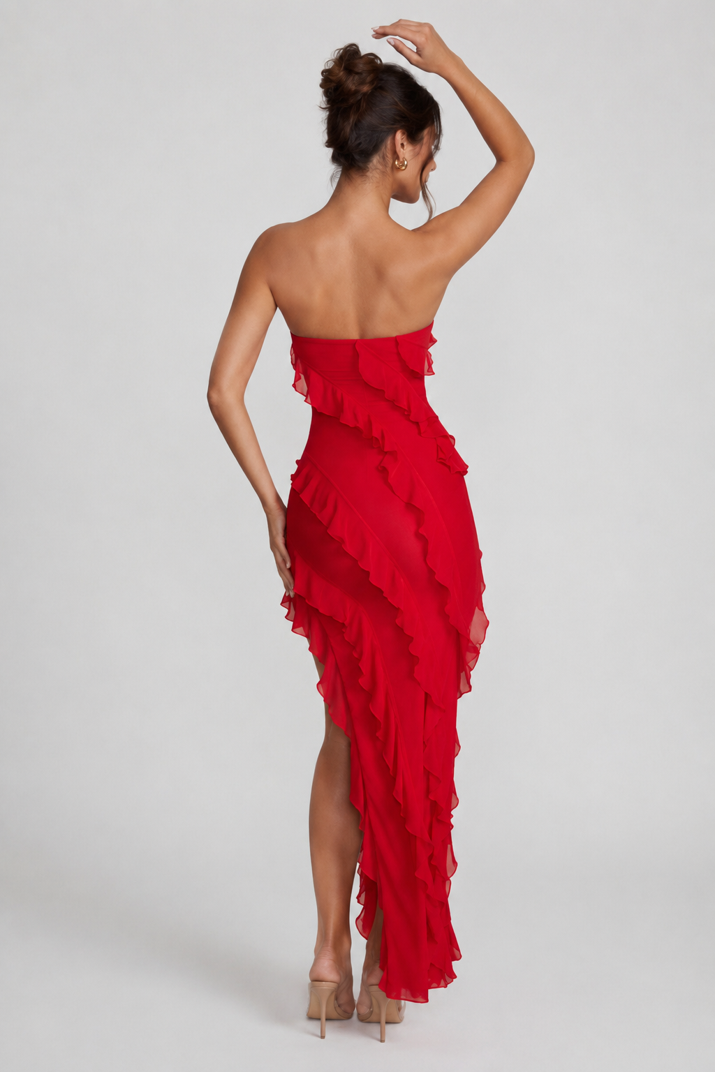 Bandeau Ruffle Detail Maxi Dress in Red