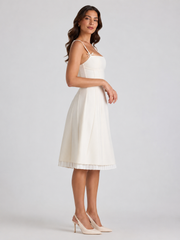 Bow-Detail Pleated A-Line Midi Dress in Ivory