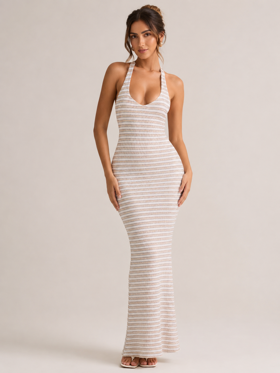 Modal Halterneck Maxi Dress in Pink Yellow Stripe