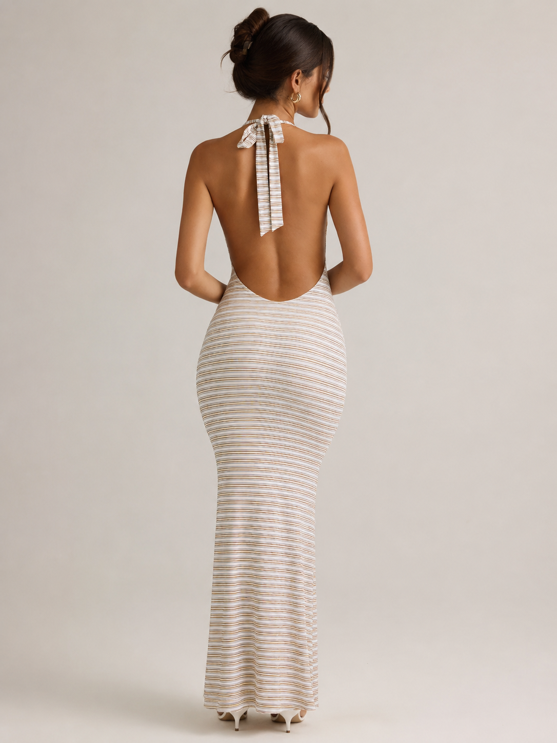 Modal Halterneck Maxi Dress in Pink Yellow Stripe