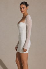 Embellished Long-Sleeve Mini Dress in Snow