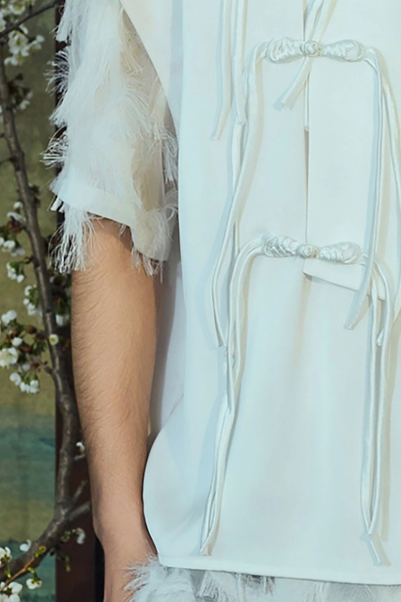 JIECHI Embroidered Bamboo Layered Mandarin Collar Half Shirt