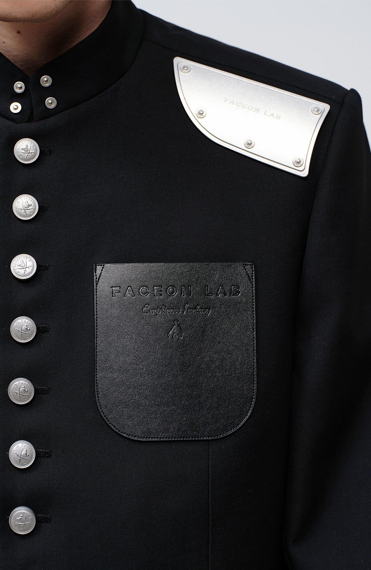 FACEONLAB Stand-Collar Metal-Shoulder Blazer Black